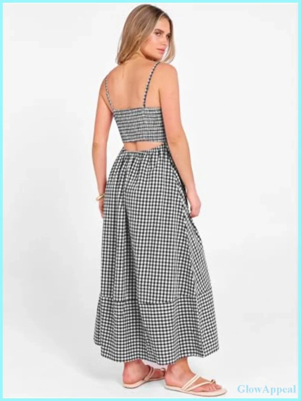 Womens Gingham Spaghetti Strap Smocked Back Flowy Maxi Sundress